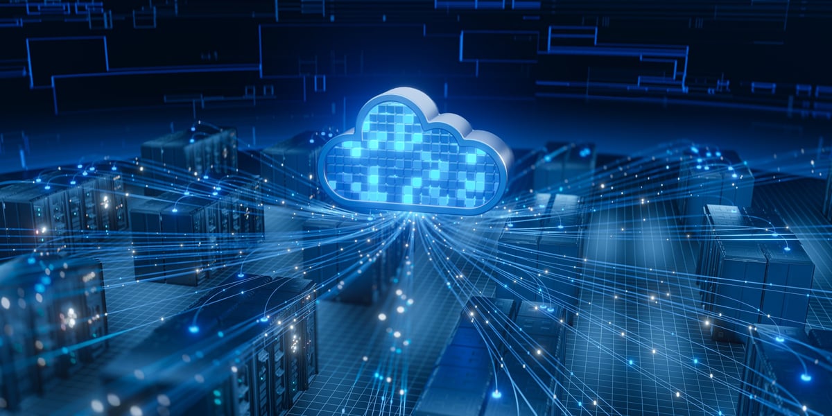 Cloud technology connecting server infrastructure with digital network