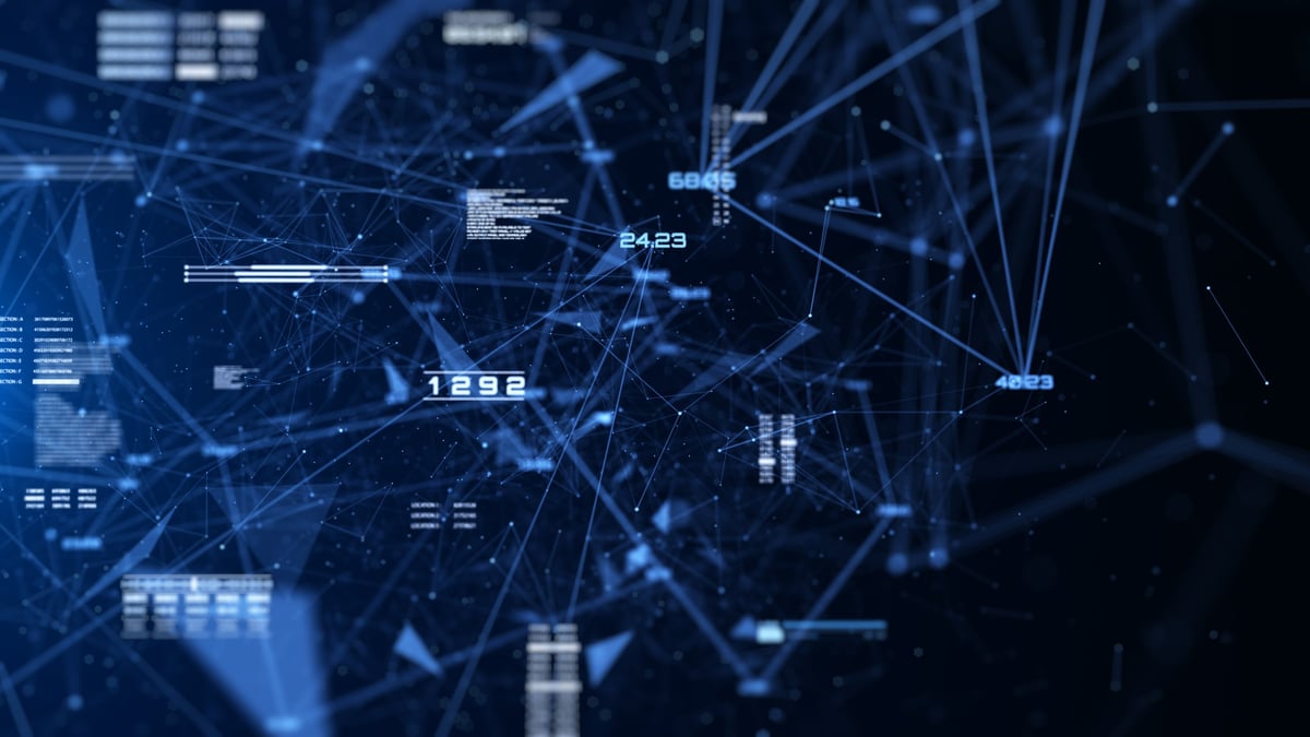 Abstract digital technology network with blue data visualization and connection nodes