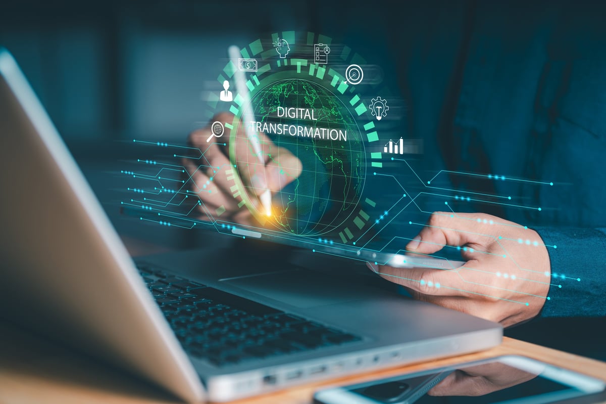 Digital transformation interface with business icons and technology concepts